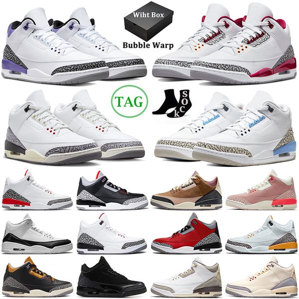 

3 with box men basketball shoes 3s sneakers white cement reimagined fire red cardinal dark iris pine green unc racer blue muslin mens women