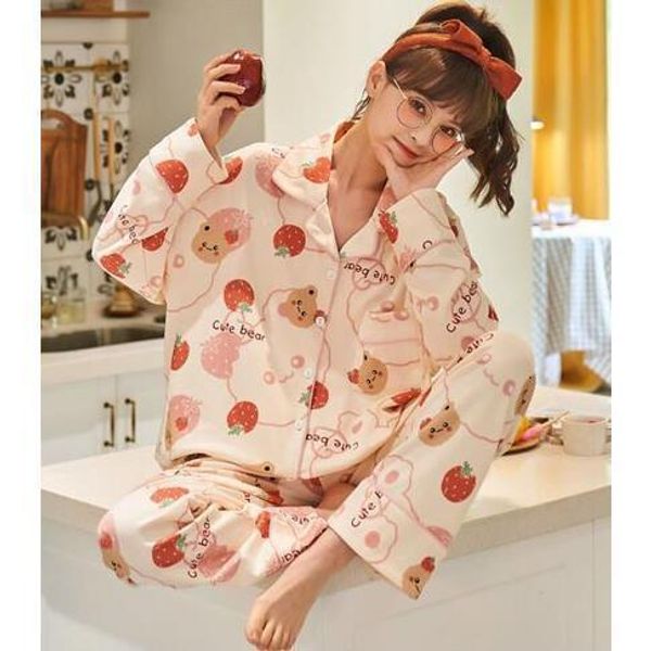 

women's sleepwear spring women's cute pajama set cartoon soft cotton casual wear lapel long sleeved pants pajama girl sweet home s, Black;red