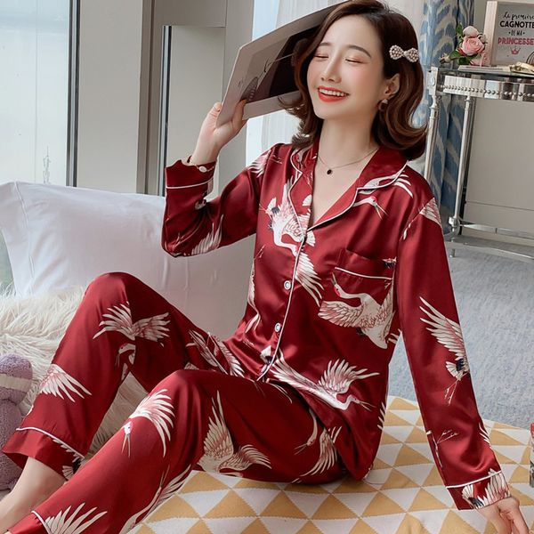 

women's sleepwear long sleeved silk pajamas spring and autumn women's pajamas set printing cute pajamas 3xl 4xl 5xl 85kg pajamas 2, Black;red