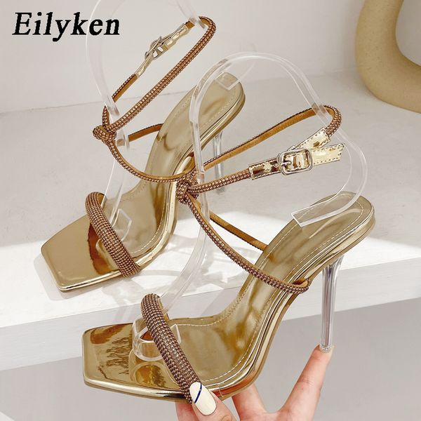 

sandals eilyken fashion square toe women summer crystal high heels buckle strap stripper ladies shoes 230408, Black