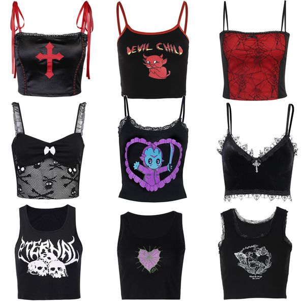 

camisoles tanks e girl gothic grunge corset crop vintage women lace trim black cami harajuku retro mini vest punk style emo alt clothes 2304, Black;white