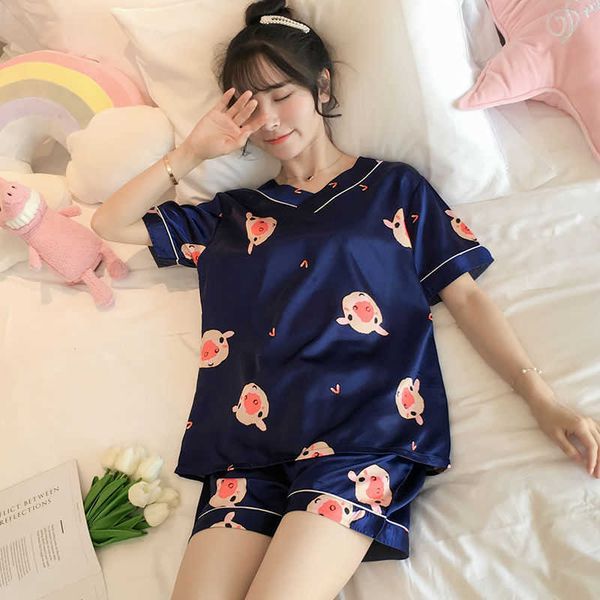

women's sleep lounge pyjamas summer ice silk short-sleeved korean version thin soft silk print pajamas over-size home clothing set p230
