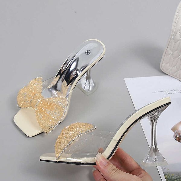 

nxy slippers size 34 46 summer party slippers fashion green rhinestone bow heels sandals women square open toe pvc transparent shoes slides, Black