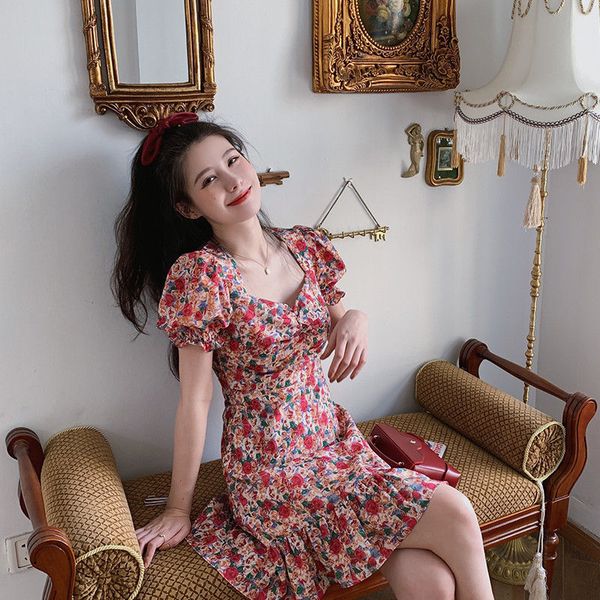 

casual dresses selling women's floral printed short skirt short sleeves ruffles v-neck high waist ultra-thin style summer holiday prom, Black;gray