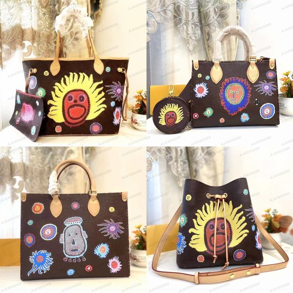 

women luxurys designers bags faces yayoi kusama onthego mm colorful monograms leather coated canvas pattern printing and dyeing neonoe handb