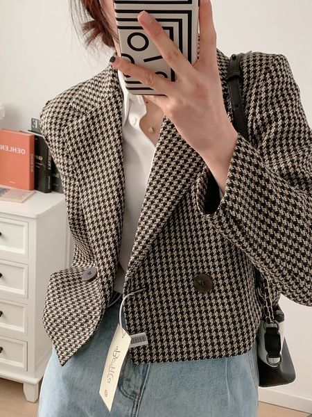

women s suits blazers spring autumn vintage plaid crop blazer chic elegant office wear outwear ladies streetwear jacket 230407, White;black