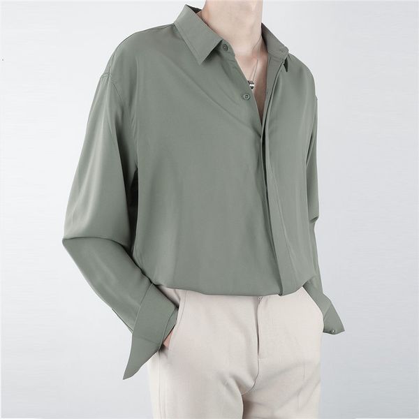 

men s casual shirts luxury ice silk korean fashion loose drape solid color button up men long leeve spring business blouse 230407, White;black