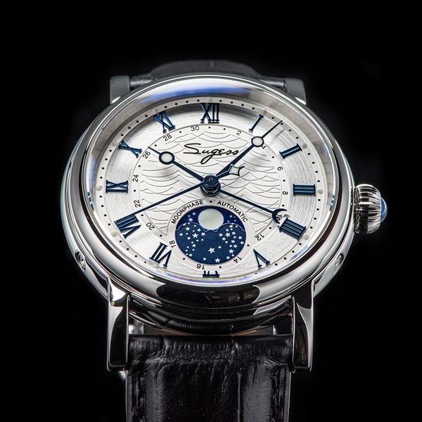 

wristwatches sugess watches for men automatic mechanical watch moonphase seagull st2108 waterproof date hands sapphire crystal rome wave dia, Slivery;brown