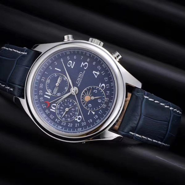 

men watch automatic mechanical brown leather moon phase, Slivery;brown