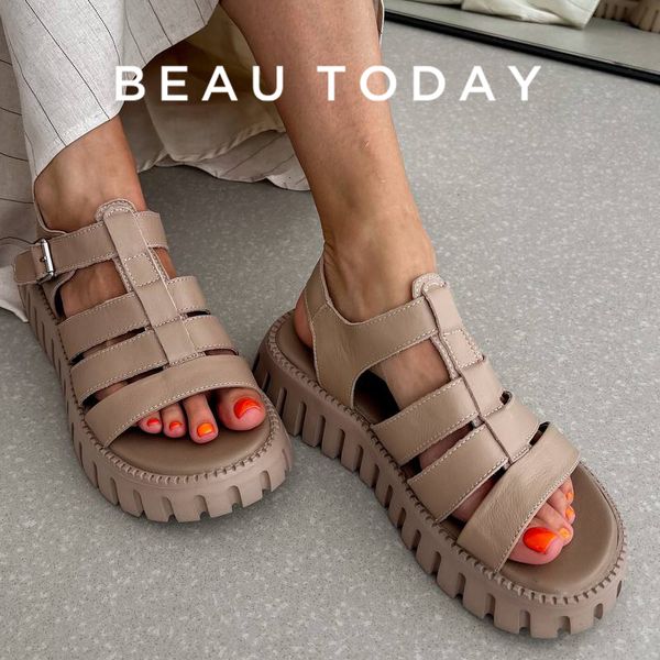 

sandals beautoday platform women open toe slingback ankle buckle strap genuine leather casual outdoor summer female shoes 38201 230407, Black