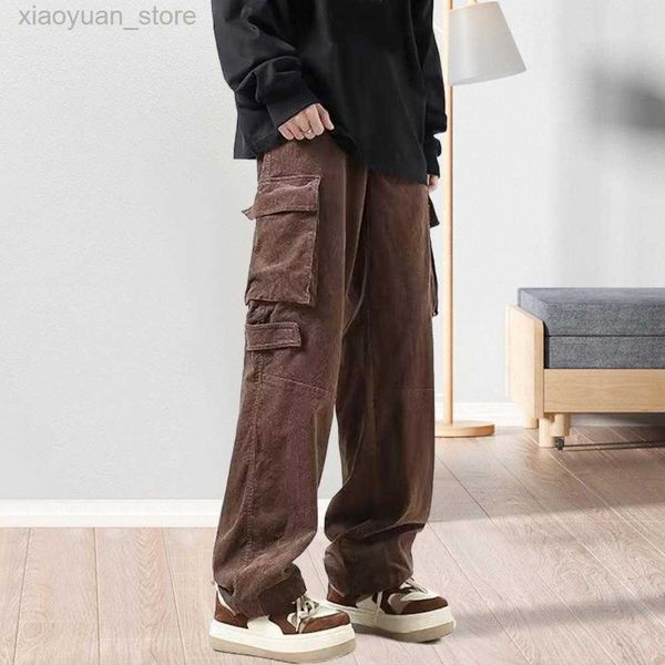 

men's pants men trousers low rise wide leg men cargo pants vintage multiple large pockets pants casual solid color loose men pants for, Black
