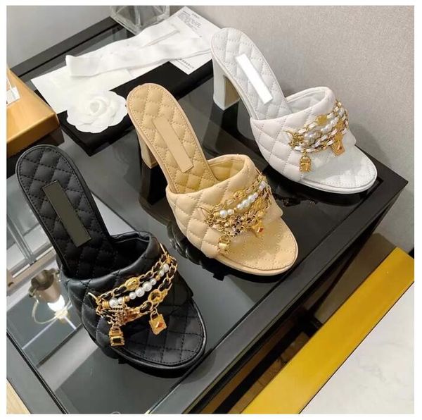 

shoe womens slippers lambskin metal pearl chain heel height 8.5cm sandals mules summer flip flops retro beach shoes fashion loafers luxury s, Black