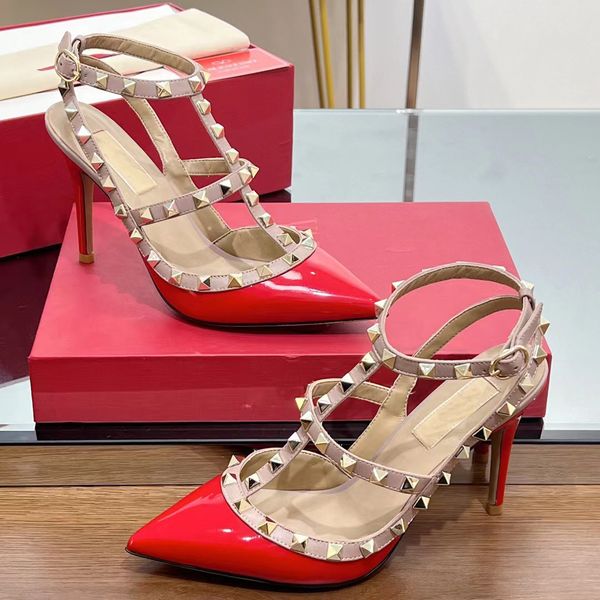 

pointed sandals designer ankle strap rivet decoration women 10cm high heel dress shoes slim strap combination toe wrap fashion wedding shoe, Black