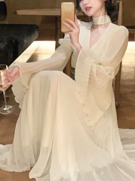 

casual dresses 2023 spring elegant v neck midi office lady long sleeve korean french vintage chiffon women 230408, Black;gray