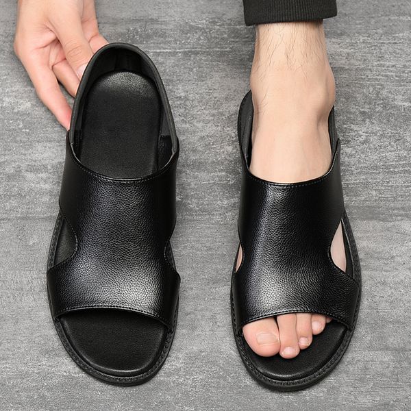

sandals summer and summer dual-purpose beach shoes cow leather thick soled shoes casual comfortable men's sandals 230408, Black