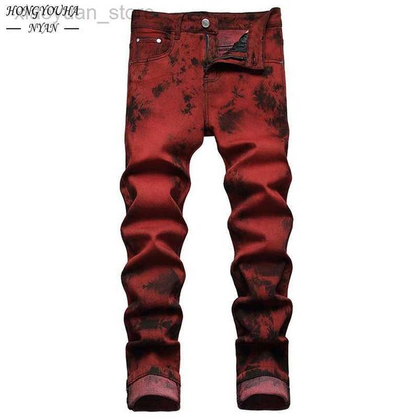 

men's pants brand mens jeans slim tie dye snow wash brick red denim straight pants vintage streetwear fashion casual trousers m230408, Black