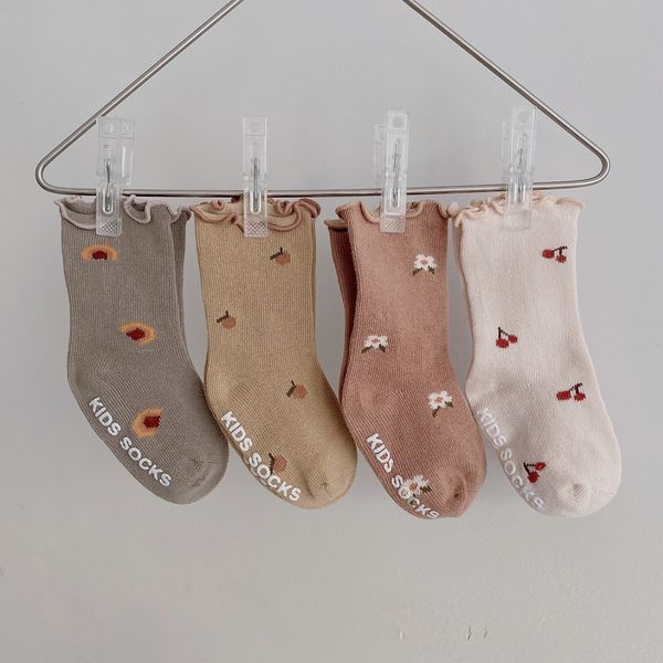 

kids socks 4 paris/batch preschool girls' frilly socks soft cotton baby ankle socks flower pattern children's socks non slip baby, Pink;yellow