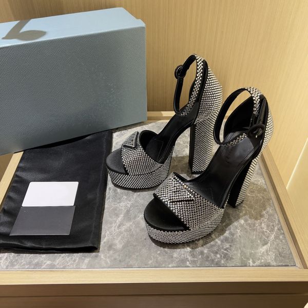 

fashion crystal sandals satin designer classic triangle buckle high heeled dress shoes fashion ankle strap 14cm heels genuine leather 4cm pl, Black