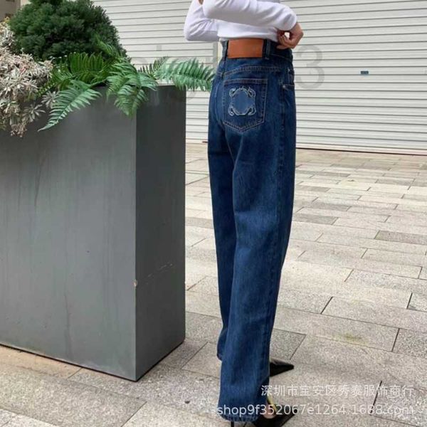 

women's jeans designer spring/summer 23 new back bag embroidered leather brand wash dark waist slim denim straight leg pants for women, Blue
