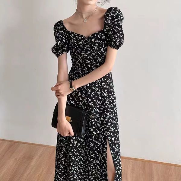 

casual dresses french square neckline printed dress for women with puff sleeves high waisted a-line for women's sweetheart daily date l, Black;gray