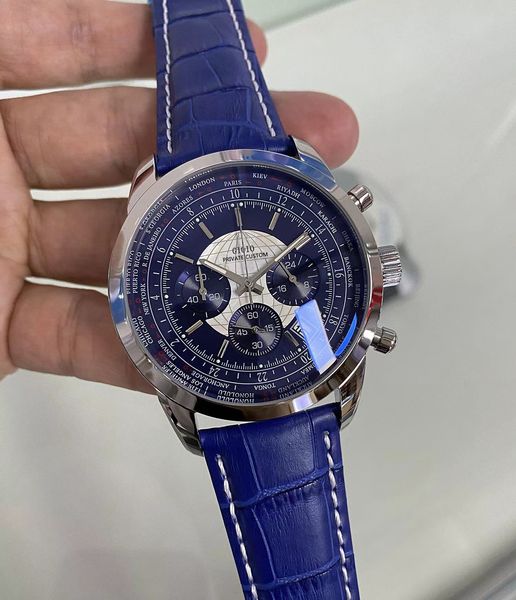 

mens quartz chronograph watch black blue leather, Slivery;brown