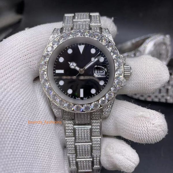 

silver ice cz diamond watch handmade diamond studded stainless steel diamond strap black large face fully automatic mechanical fashion watch, Slivery;brown