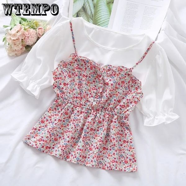 

women s blouses shirts floral short sleeved shirt chiffon fake two piece o neck lotus leaf sleeves slim fit women summer y2k 2023 230408, White