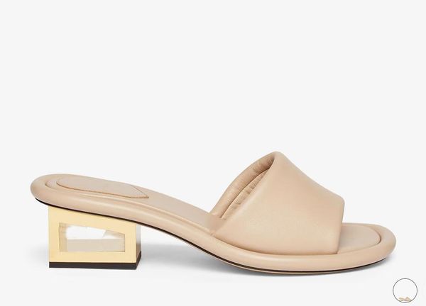 

luxury women's sandal slippers roma heel baguette black nappa leather slides sculptural heel with ff baguette motif gold-finish metal 3