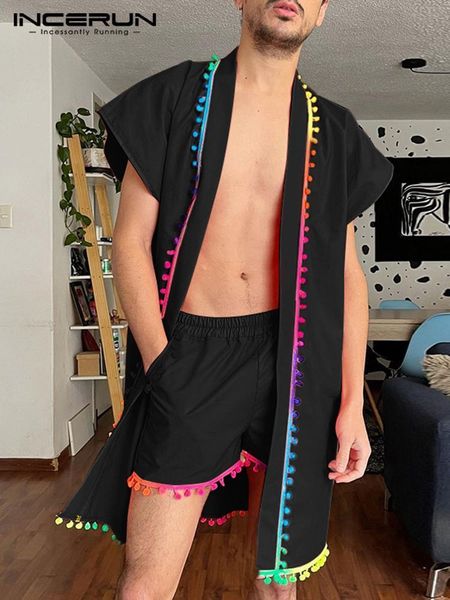 

men s tracksuits casual sets tassel patchwork 2023 short sleeve open stitch long style cardigan shorts 2pcs streetwear suits incerun 7 23040, Gray