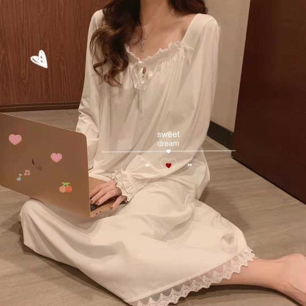 

women's sleep lounge summer nightgowns for women long sleeved nightwear female solid color lace nightdress home clothes silk dress wome