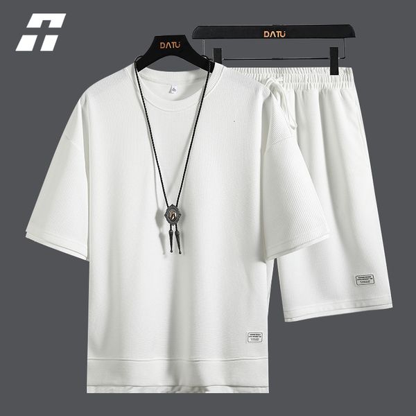 

men's tracksuits men's track and field suit 2-piece summer solid sports suit short sleeve waffle t-shirt and shorts casual fashion, Gray