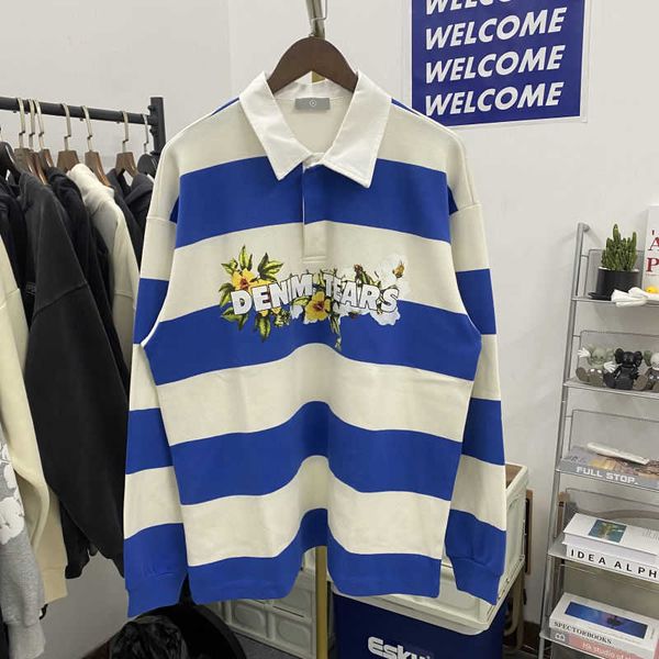 

denim tears fashion flower figure fog high street pullover polo long sleeve stripe knit sweater, Black;brown