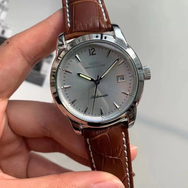 

mens automatic mechanical watch black white leather 39mm, Slivery;brown