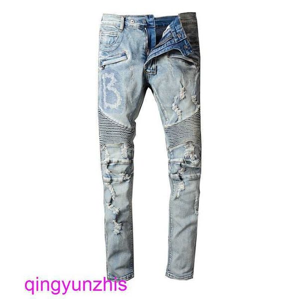 

designer balmmains shorts for sale batman 979 fashion street jeans men's light wash slim fit elastic motorcycle splice small feet pants, Blue