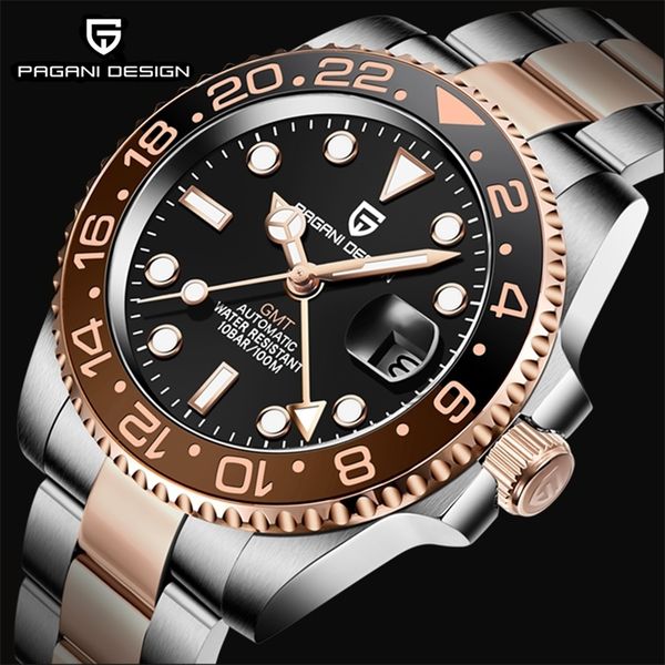 

wristwatches pagani design brand sapphire gmt watch men 100m waterproof clock sport watches mens mechanical wristwatch relogio masculino 230, Slivery;brown