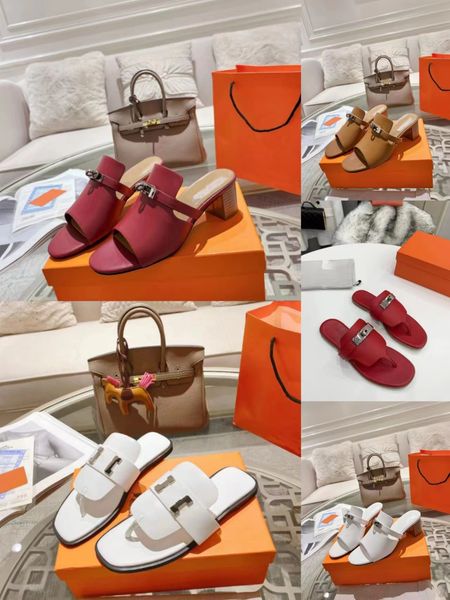 

2023 luxury designer slippers women's sandals beach brown leather sandals women's high heels shoes with orange boxes and dust bags, Black