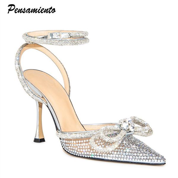 

sandals brand bling rhinestones double bowknot women pumps ankle strap thin high heels mules summer wedding bridal shoes 230408, Black