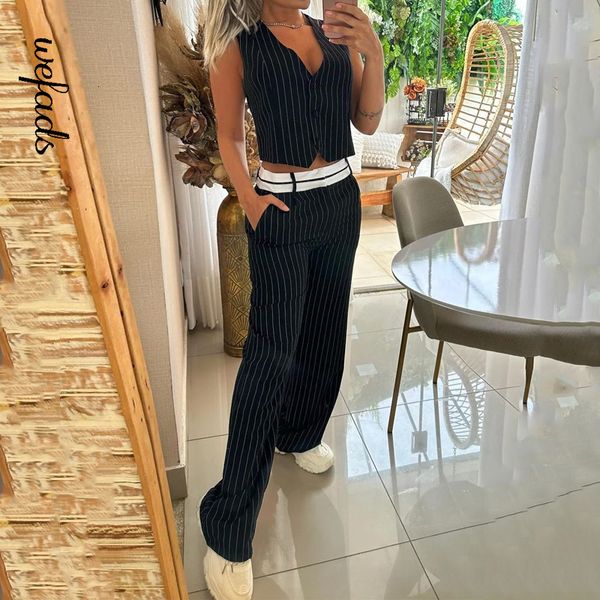 

women s two piece pants wefads set for women casual v neck sleeveless strip printed single breast button straight sets streetwear 230407, White