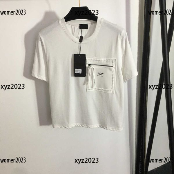 

luxury round neck r t shirt for womens minimalist design summer tees zipper pocket decoration short sleeves new arri, White