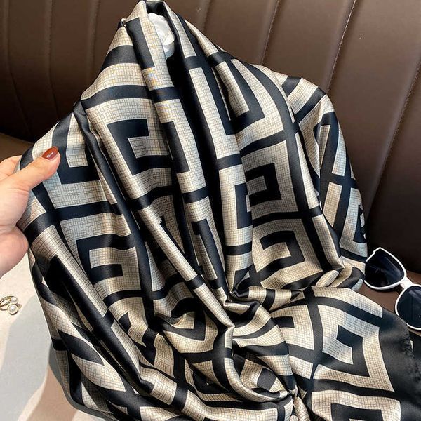 

2022 new korean print silk like women's scarf decoration sunscreen long wear shawl beach towel, Blue;gray