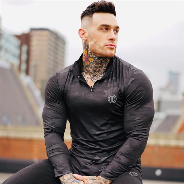 

men's t-shirts men's long-sleeved camouflage fitness spring self-cultivation t-shirt leisure gym fitness quick-drying sports fashi, White;black
