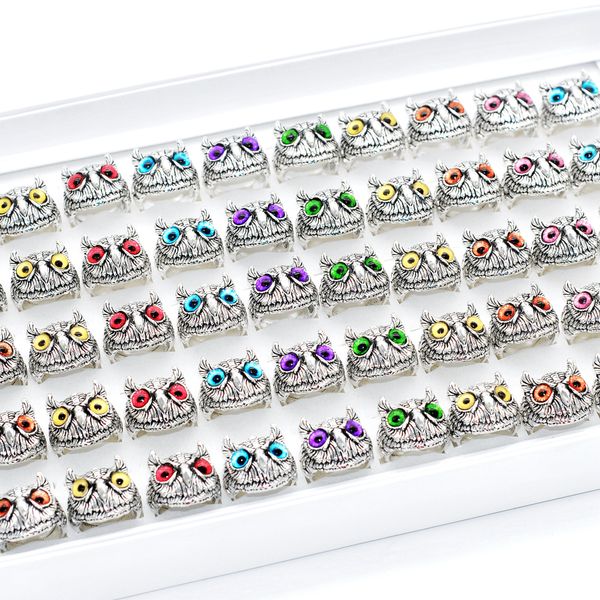 

wholesale 30pcs colorful eye owl vintage rings for women men open adjustable fashion antique silver plated alloy retro animals charms party, Golden;silver