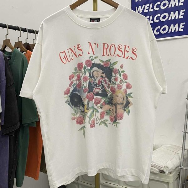 

gunsn rose gunsband wash used print vtg high street retro loose casual short sleeve t-shirt, Black;brown