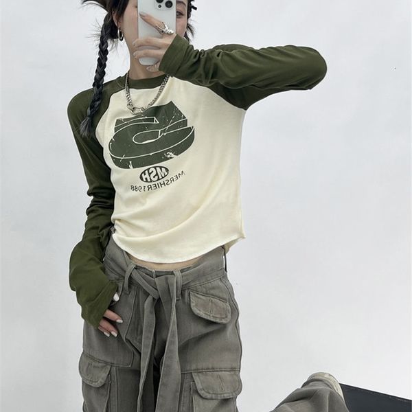 

womens tshirt houzhou vintage y2k patchwork green tshirts women hippie streetwear long sleeve t shirts female kpop retro autumn crop 230407, White