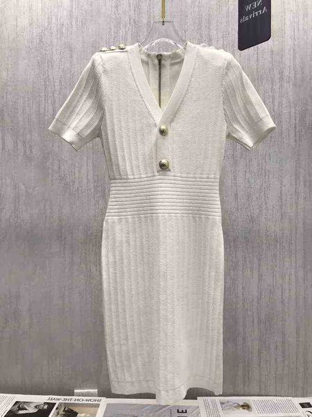 

designer clothes balman 2023 summer new women's fashion elegant metal buckle v neck slim fit solid color knitted dress h196, Black;gray