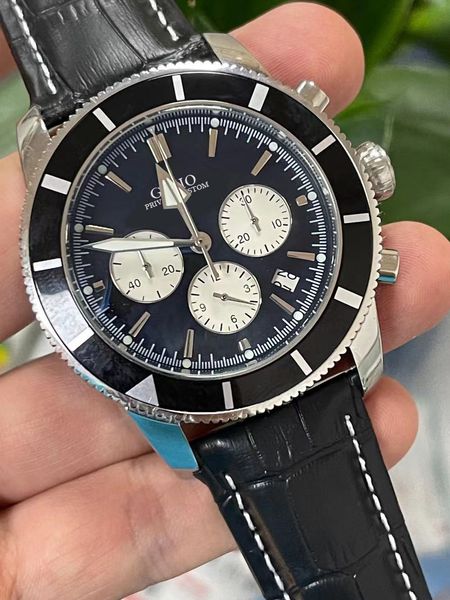 

mens black blue leather quartz chronograph watch ceramic, Slivery;brown