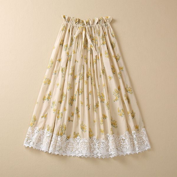 

skirts european and american women's clothes 2023 spring new printed patchwork lace fashion cotton pleated skirt, Black