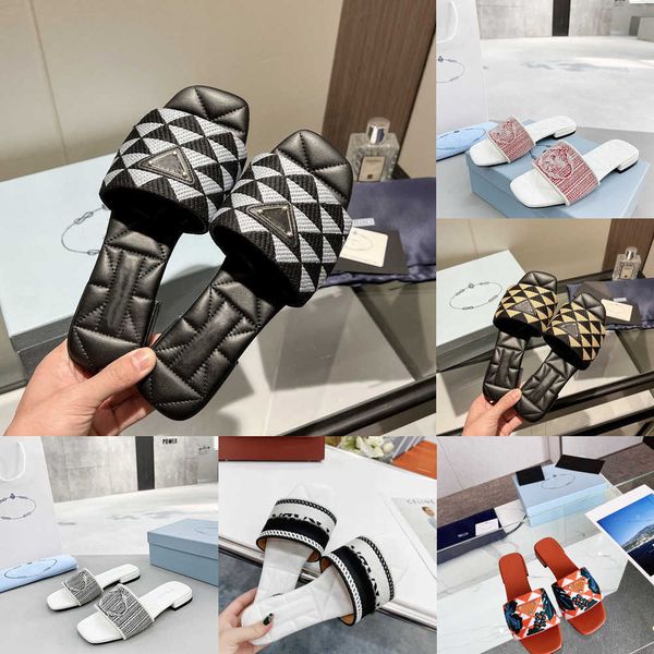 

triangle quilted leather sole slippers slide summer sandals slip-on shoes flats famous sandal for women luxury designer slide embroidered ja, Black