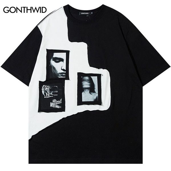 

mens tshirts hip hop punk streetwear t shirt y2k retro graphic embroidery patch patchwork gothic tshirt fashion cotton oversized tee 230408, White;black