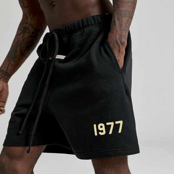 

summer fog high street cotton loose drawstring pocket 1977 flocking print black shorts men, White;black